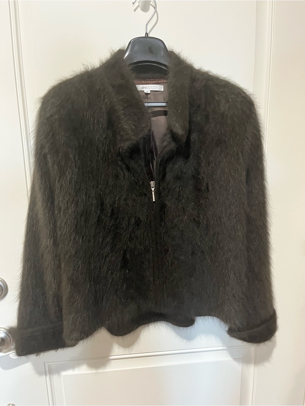 Plush Dark Brown Faux Fur Rhinestone Zip-Front Angora Jacket
